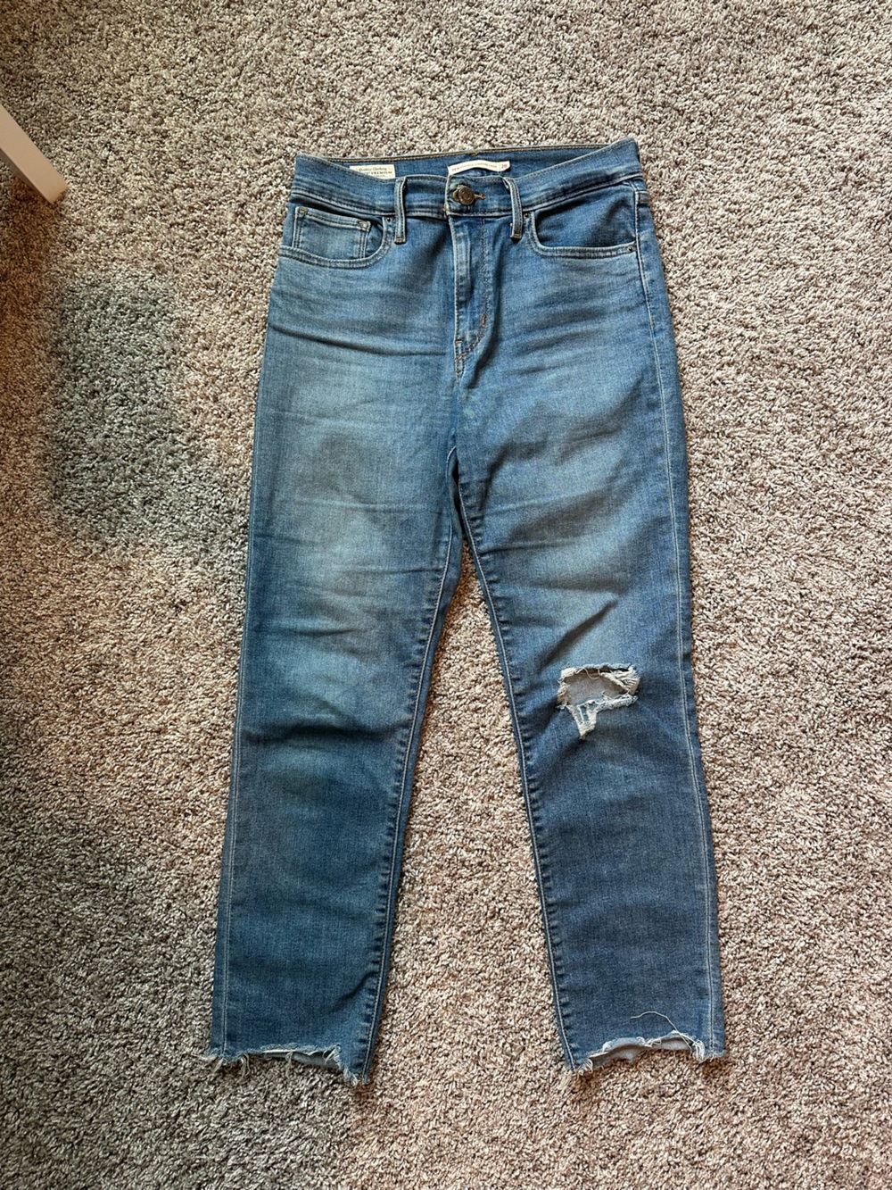 Levi's Premium 724 High Rise Slim Straight Crop Jeans Blue Medium Wash Raw Hem